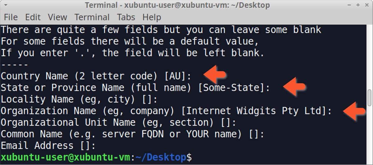 Image 14 is the Xubuntu terminal default values for the x509 certificate creation. Highlighted with arrows are the country name two letter code, which is Australia, the state, or province, name, and the organization name, which is Internet Widgets Pty Ltd.