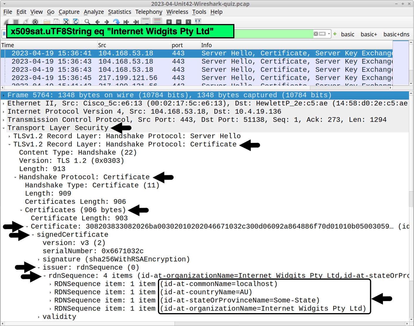Image 15 is a Wireshark screenshot. Highlighted in green is the command to put into the search bar. The results, highlighted by arrows, are the transport layer security, the certificate, including size, and the issuer of the certificate. Highlighted in a black box are the IDs that showed in the Xubuntu terminal.