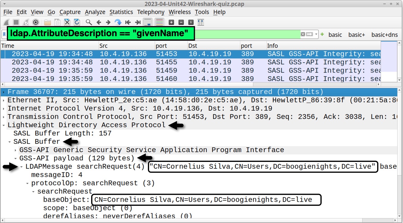 Image 21 is a Wireshark screenshot showing how to filter to find the victim’s full name from LDAP traffic. Highlighted by arrows are the names.