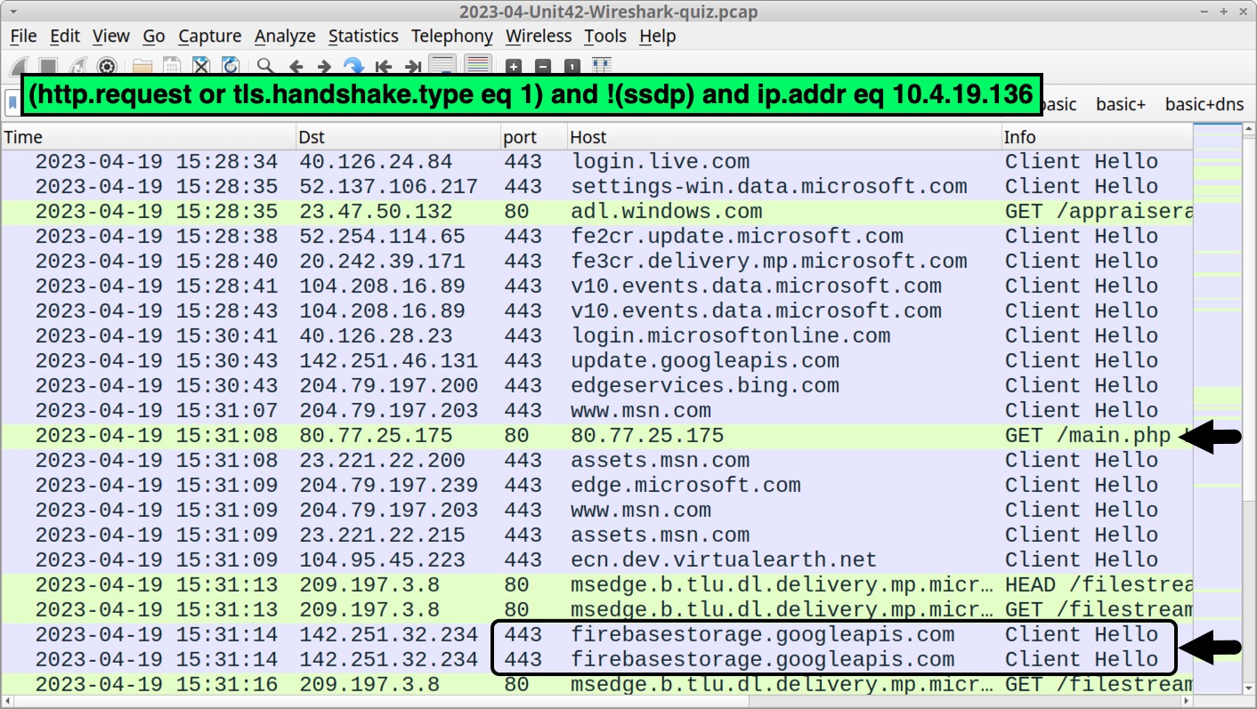 Image 5 is a screenshot of the HTTPS traffic to firebasestorage.googleapis[.]com after the initial suspicious URL. Highlighted in green in the screenshot is the command to insert into Wireshark. Two arrows indicate the request and the suspicious URLs.