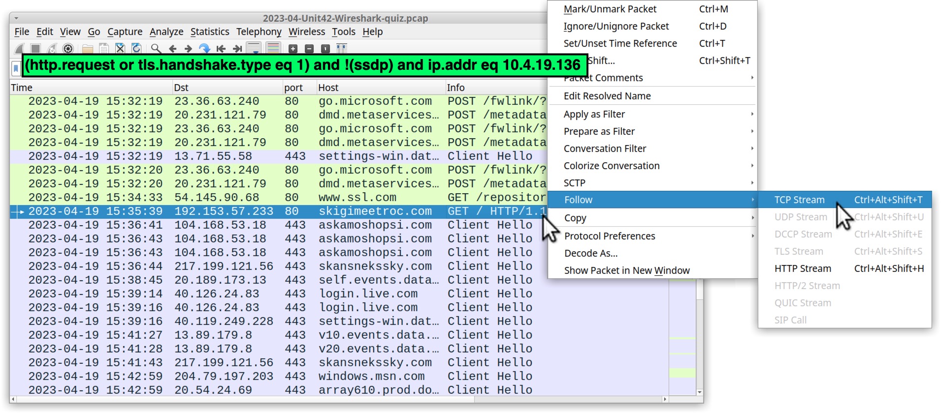 Image 8 is a screenshot of the menu selection to follow the TCP stream for IcedID installers initial HTTP GET request. Highlighted in green is the filter to enter into Wireshark.