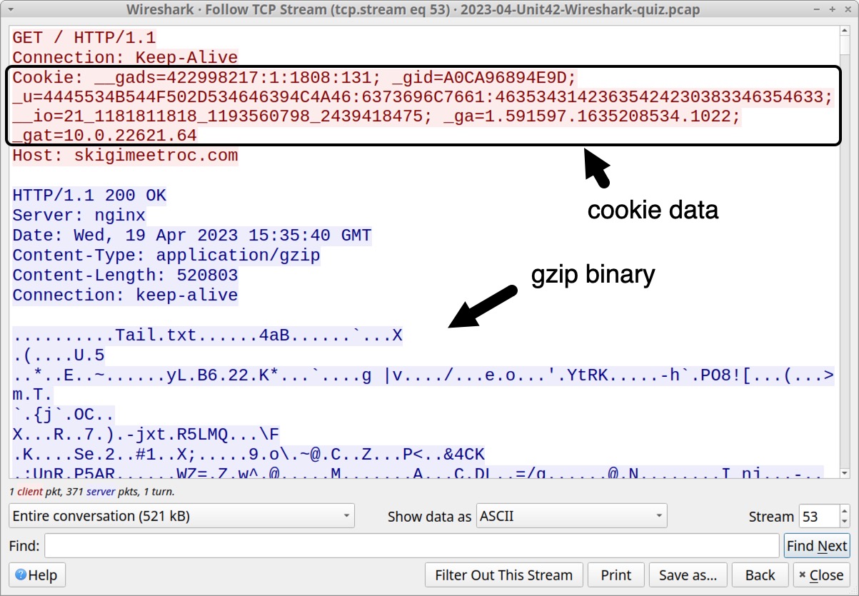 Image 9 is the TCP stream window in Wireshark. Highlighted with a black box is the cookie data. Highlighted with an arrow is the gzip binary.