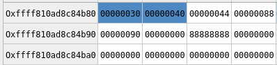 Image 63 is a screenshot of the memory dump of pmbi after the first call to GetMenuBarItem. It is shown in an array format. Highlighted in blue in the first row are the cells for 00000030 and 00000040.