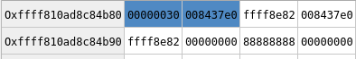 Image 66 is a screenshot of the memory dump of PMBI after the second call to GetMenuBarItem. It is shown in an array format. Highlighted in blue in the first row are the cells for 00000030 and 008437e0.