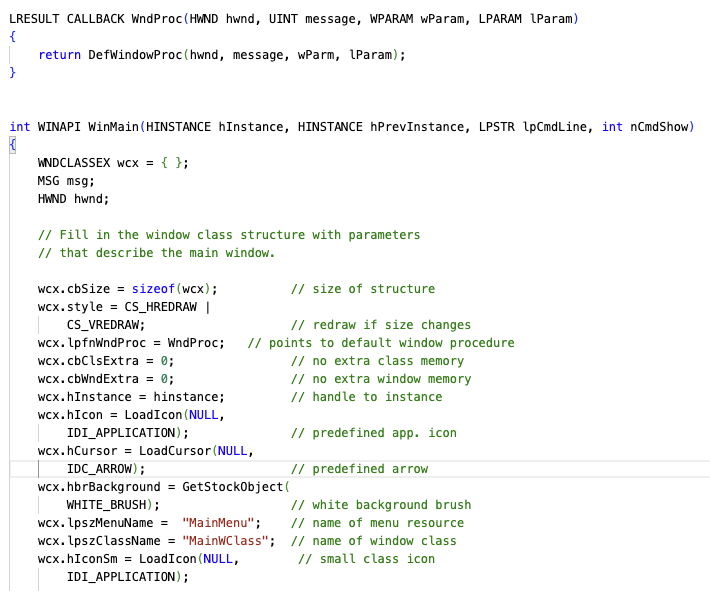 Image 1 is many lines of code that define the window class. The object is declared, and then the structure follows.