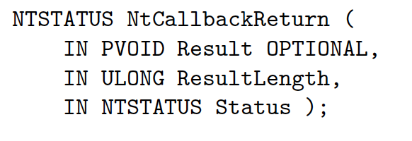 Image 13 is a screenshot of the NtCallbackReturn function prototype. 