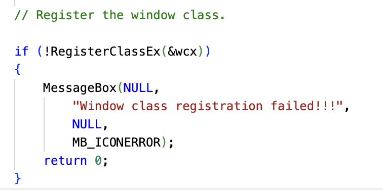 Image 2 is a few lines of code showing the registration of the window class.
