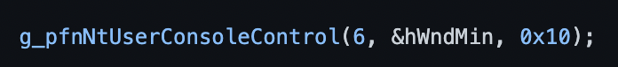 Image 15 is line 501 of the POC. It is g_pfnNtUserConsoleControl(6, &hWndMin, 0x10);