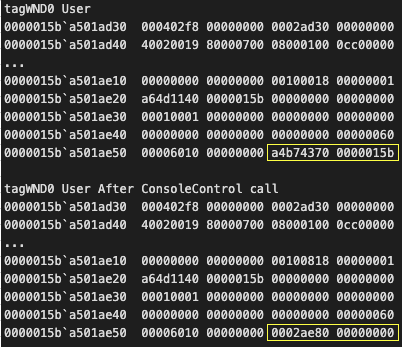 Image 16 is a screenshot of Wnd0’s pExtraBytes value before and after the call to NtUserConsoleControl. Two areas of the code are highlighted by yellow rectangles.