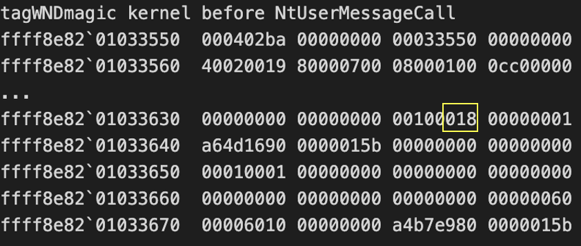 Image 26 is a screenshot of WndMagic’s tagWND structure before the call to NtUserMessageCall. Highlighted within a yellow box is 018.
