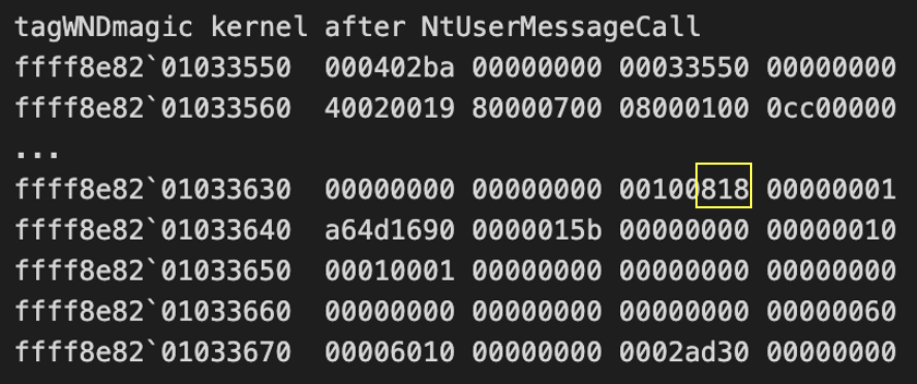Image 27 is a screenshot of WndMagic’s tagWND structure after the call to NtUserMessageCall. Highlighted within a yellow box is 818.
