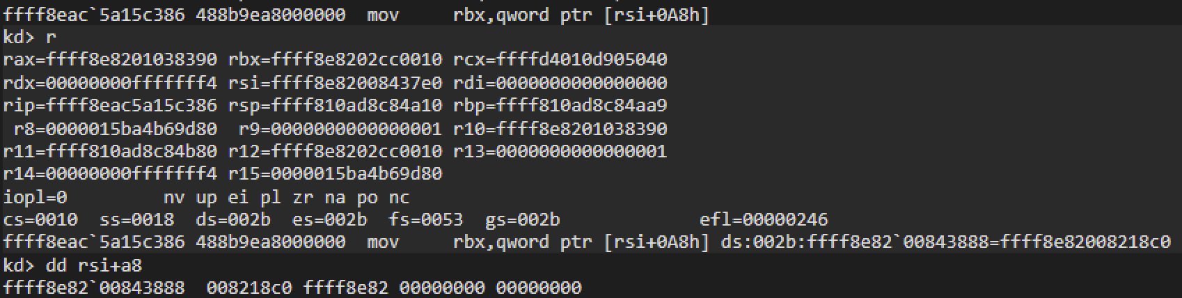 Image 40 is a screenshot of the output of WinDbg showing the value of spmenu before it is changed. It includes the register contents and a dump of rsi+0xa8 (0xfff8e82008218c0).