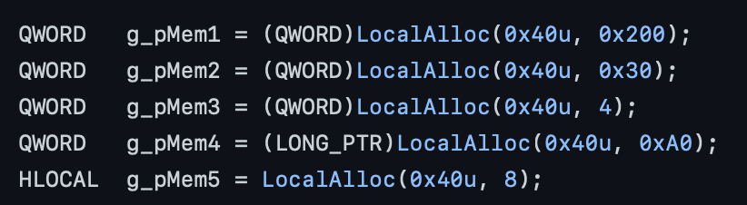 Image 47 is a screenshot of lines 355 through 359 of the POC. Four lines start with QWORD and the last and fifth line starts with HLOCAL.