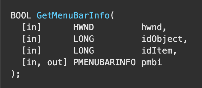 Image 59 is a screenshot of the function prototype for GetMenuBarInfo.