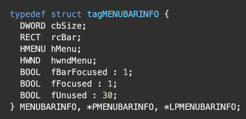 Image of 60 is a screenshot of the PMENUBARINFO structure. It shows the 1 values referred to in the text.