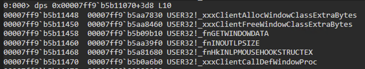 Image 8 is a screenshot of the memory dump by WinDbg of KernelCallbackTable + 0x3d0.
