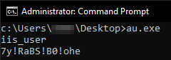 Image 1 is a screenshot of the Command Prompt. The user is au.exe and creates iis_user as well as a password. There is some redacted information in this screenshot. 
