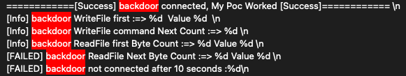 Image 20 is a screenshot of a few lines of code. Highlighted in red through the screenshot is the word backdoor. These are backdoor logs from the described tool.