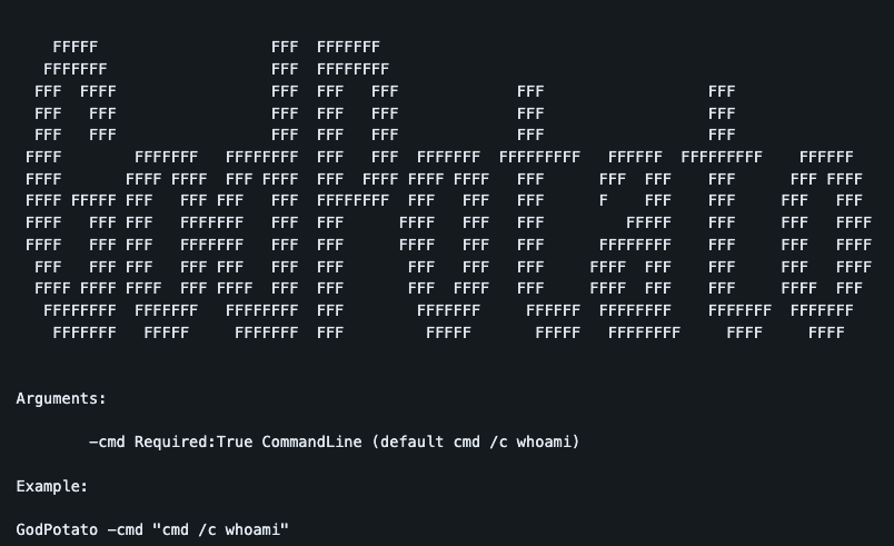 Image 21 is a screenshot from the GodPotato tool. The word GodPotato is text art made from capital F. The screenshot also includes arguments and eggs, an example of what to enter in the command line.