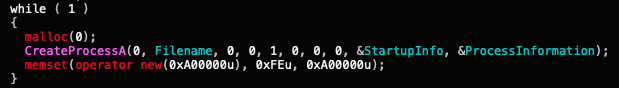 Image 3 is a screenshot of the code snippet creating an endless loop from the form bomb binary. It starts with while(1). 