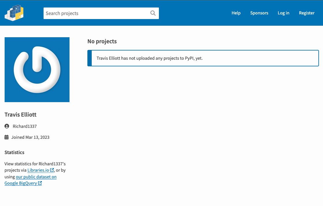 Image 1 is a screenshot of an author page on PyPI. The user has not uploaded any projects. The name of the user is Travis Elliott, they joined March 13, 2023, and their user name is Richard1337.