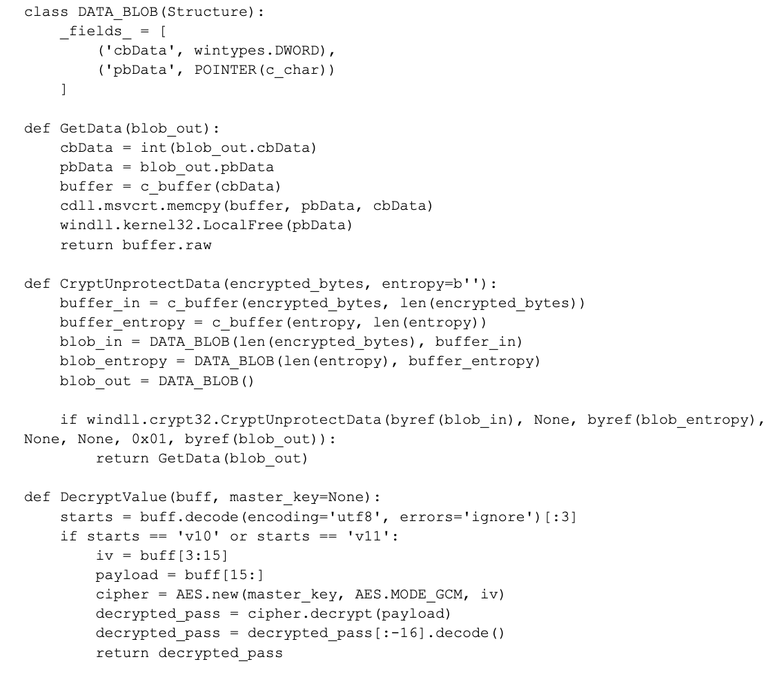 Image 3 is a screenshot of many lines of code. It first defines the DATA_BLOB class before attempting to decrypt a value.