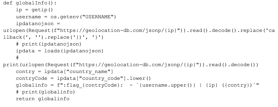 Image 4 is a screenshot of code that retrieved information about the user’s IP address, location, and user name along with country code, country name, and other information.