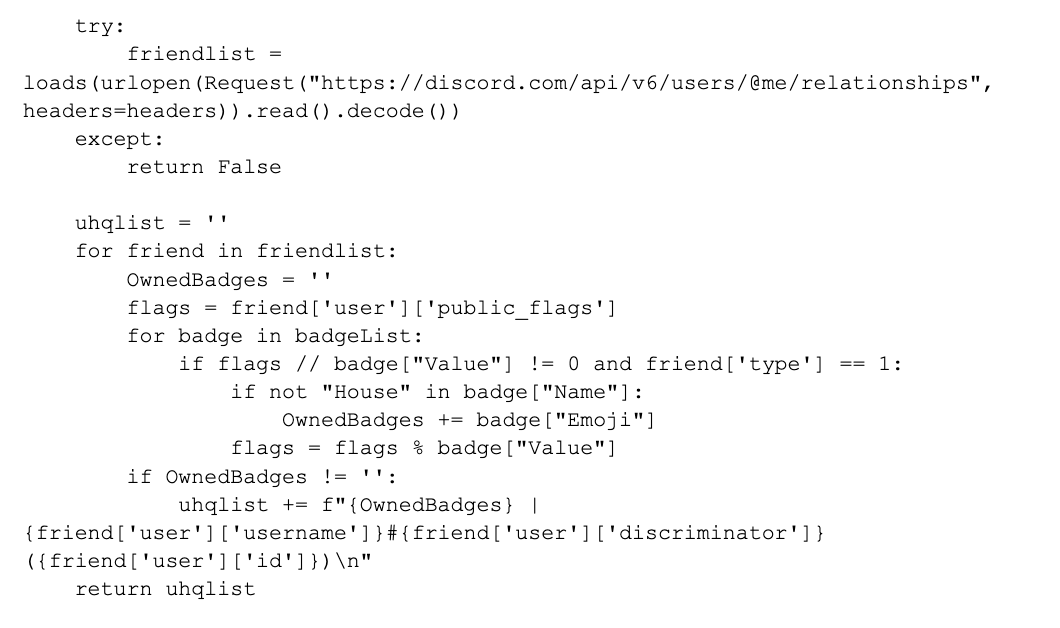 Image 5 is a screenshot of code that retrieves a list of a user’s friend on Discord, which is an application that acts like a custom chat room. These chat rooms are called channels.