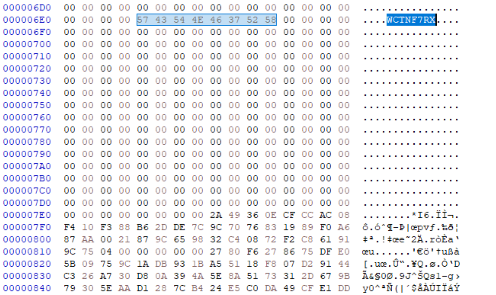 Image 8 is a screenshot of the extracted shell code blob. Highlighted in blue in the second row is 57 43 54 4E 46 37 52 58. In the same row is also highlighted WCTNF7RX.