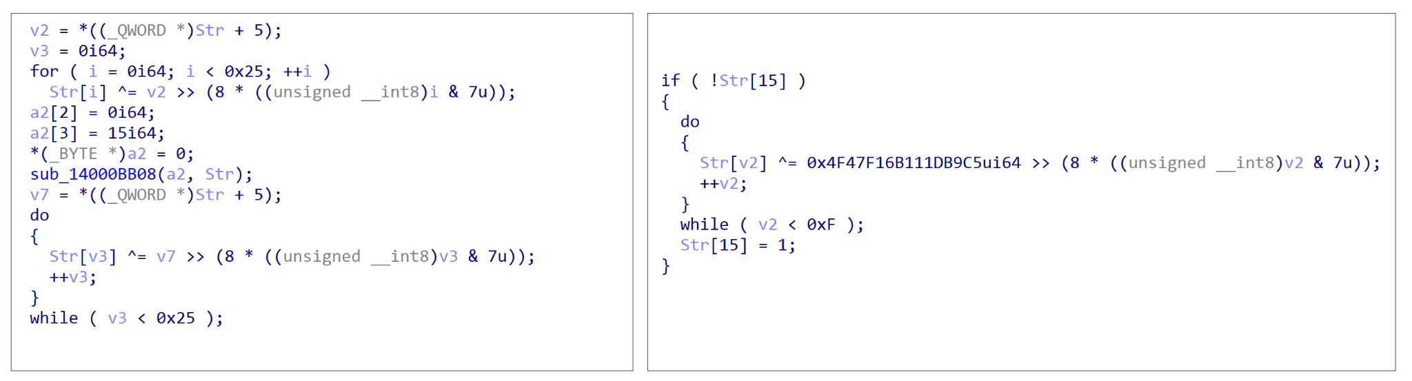 Image 9 is two screenshots of code, one on the left and one on the right. The code in the left box is the first string description function type. The code in the right box is the second string decryption function type.