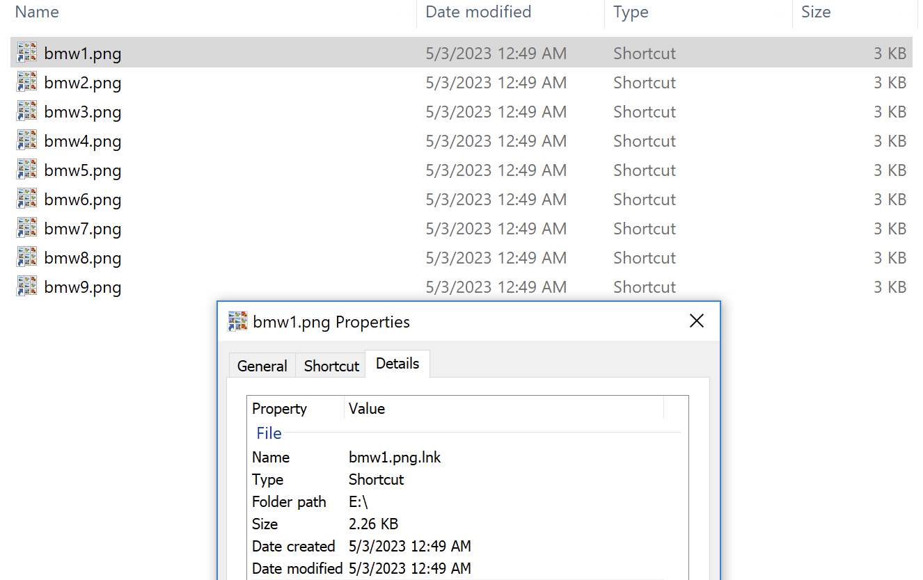 Image 2 is a screenshot of Windows shortcut files masquerading as image files. The columns are name, date modified, type, and size. Even though all of the image end with .PNG, the type for every single one is listed as shortcut. Another screenshot shows the properties of one of the PNG files, and the details tab also shows that it is a shortcut.