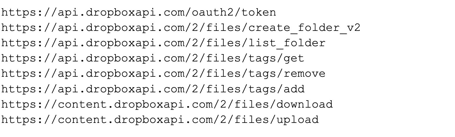 Decrypted strings in the binary that used the Dropbox API. There are eight in total. 