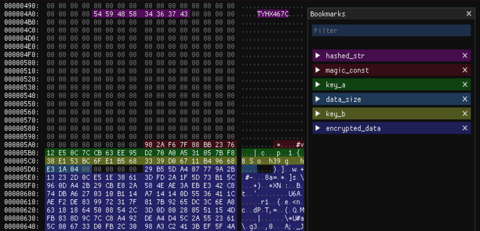 Image 7 is a screenshot of the shell code structure, and there are options to filter by hashed_str, magic_const, key_a, data_size, key_b, and encrypted_data.