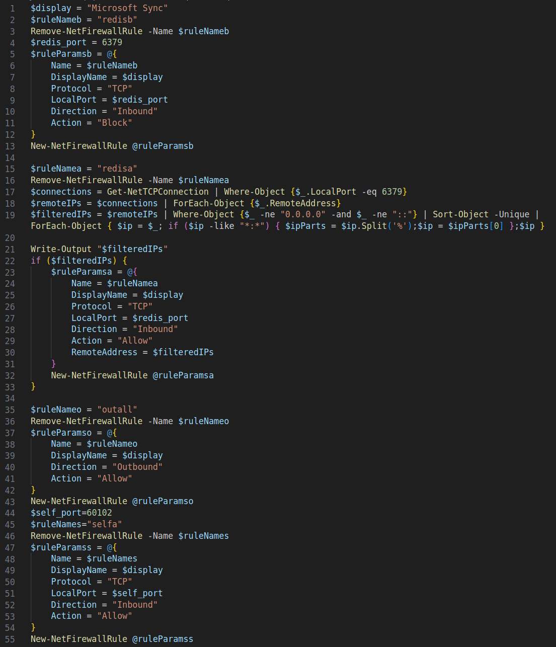 Image 11 is a screenshot of many lines of code. Line five is where the PowerShell command configures the local system firewall to block legitimate access. Line 11 is where the script opens a communication port.