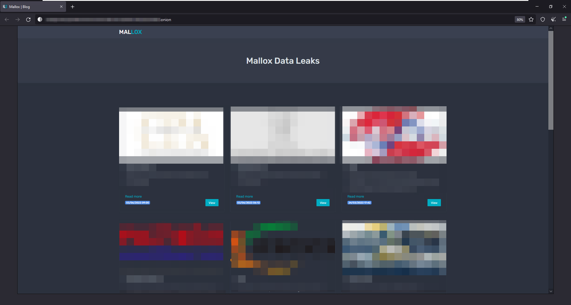 Image 1 is a shot of the Mallox ransomware gang website on the Tor browser. The website is titled Mallox Data Leaks. Six thumbnails have been blurred. These are the victims that have been posted by the gang.