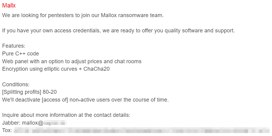 Image 11 is a screenshot of user Mallx’s post on the hacking forum RAMP. It invites anyone to join the Mallox ransomware team as a pentester, listing the job requirements as features and the conditions of the job including splitting profits and what happens to non-active participants. Finally, it lists contact information.
