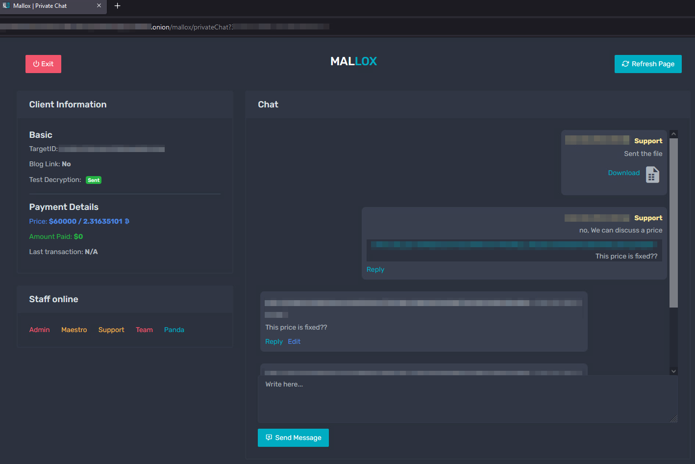 Image 2 is a screenshot of Mallox ransomware gang’s private chat on their website on Tor. There is a chat window, a client information window, payment details, and a list of online staff. The conversation is between support and someone unknown. A file is sent, the Mallox member says that they can discuss a price, there is a reply from the unknown party asking if the price is fixed, and that is the end of the conversation shown here.