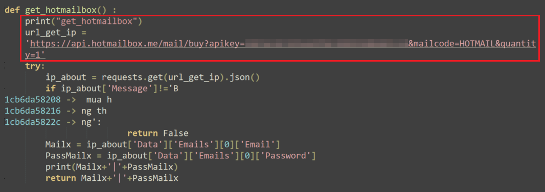 Image 13 is a screenshot of many lines of code. Code highlighted within a red box has some redacted information blurred. Here is where the NodeStealer variant is attempting to purchase a mailbox service.
