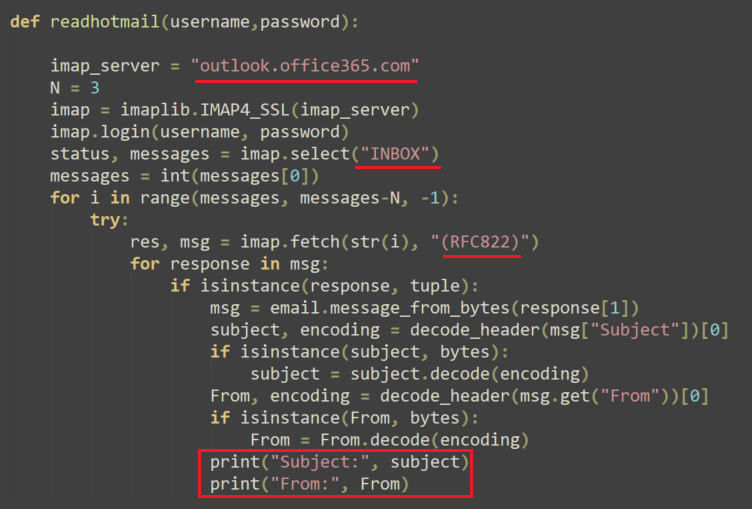 Image 18 is a screenshot of many lines of code. It is the function responsible for reading emails. Highlighted in red are four different areas that underline the process.