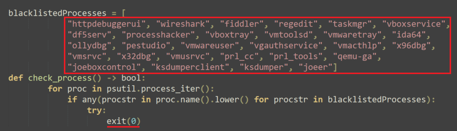 Image 19 is a screenshot of many lines of code with two areas highlighted in red. The first highlighted area is the blacklisted process, and the second is exit(0). This is the anti-virtual machine and anti-analysis function.