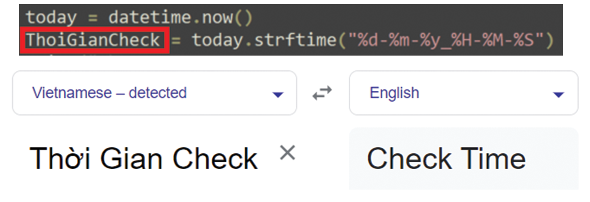 Image 21 is two images. The first is a screenshot of code. The first string is highlighted in red: “ThoiGianCheck.” The second image is the same string translated in Google Translate. The Vietnamese language has been detected. Translated to English, it means “Check Time.”